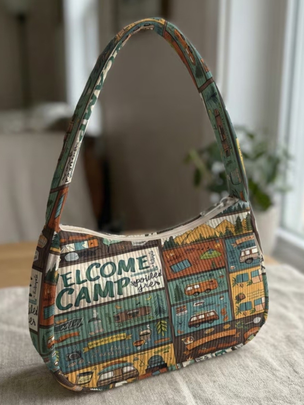 Welcome Camp Pattern Shoulder Bag - Cordoury Teal Multi